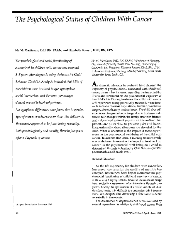 (PDF) The Psychological Status of Children With Cancer