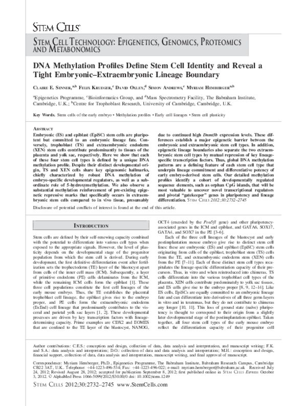 (PDF) DNA Methylation Profiles Define Stem Cell Identity and Reveal a ...