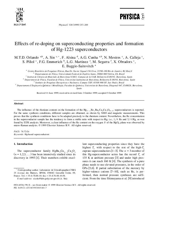 Pdf Effects Of Re Doping On Superconducting Properties And Formation Of Hg 1223 Superconductors Elisa Baggio Saitovitch Academia Edu