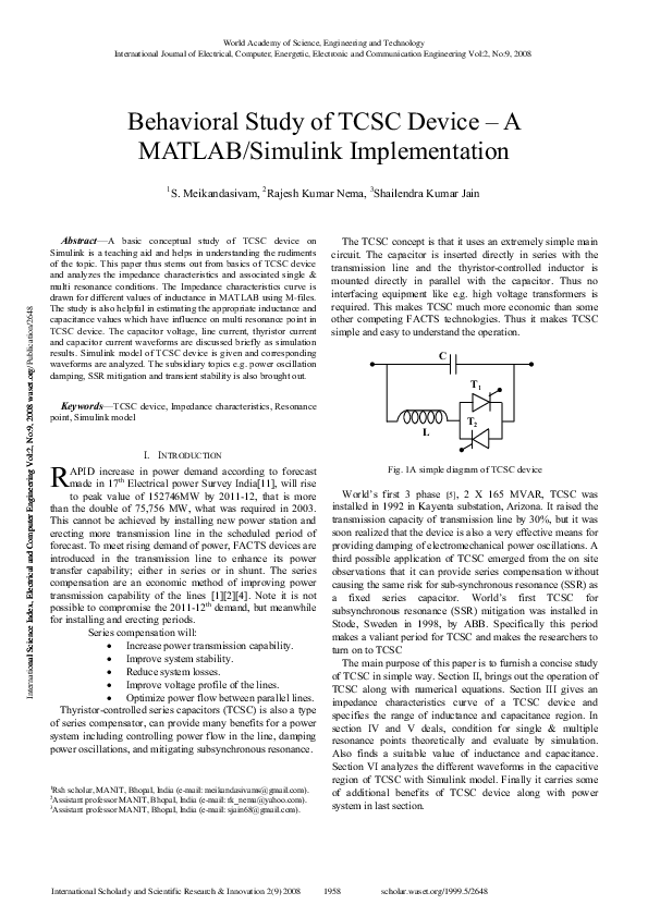 (PDF) Behavioral Study of TCSC Device A MATLABSimulink Implementation