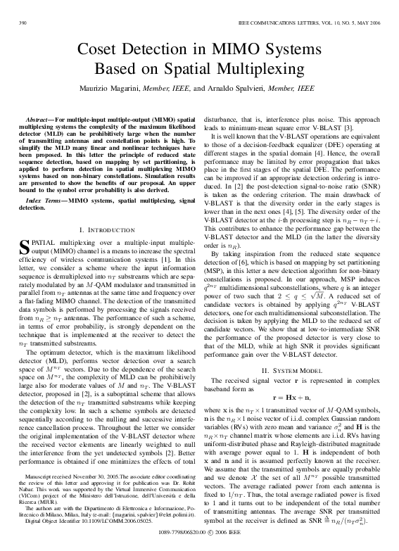 (PDF) Coset detection in MIMO systems based on spatial multiplexing
