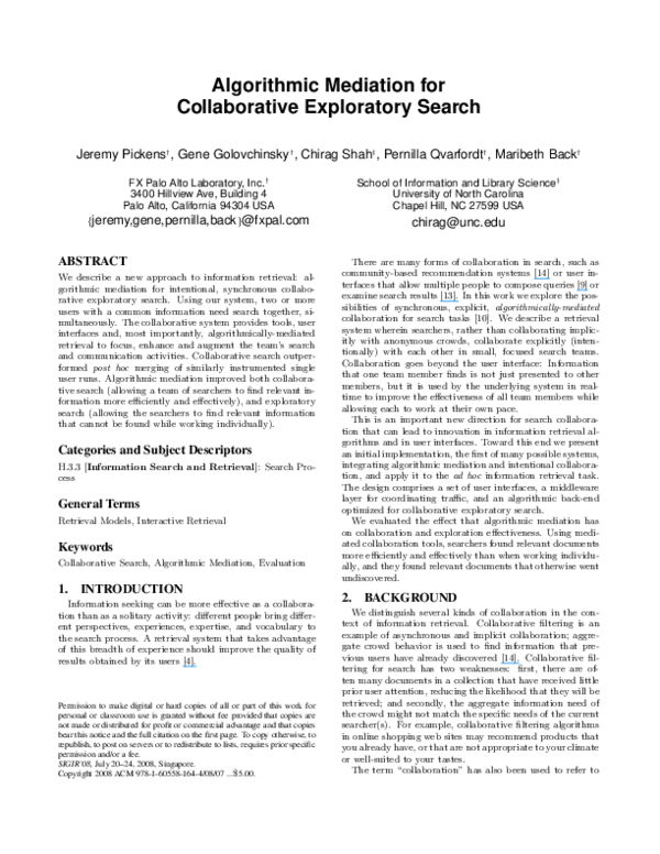 (PDF) Algorithmic mediation for collaborative exploratory search
