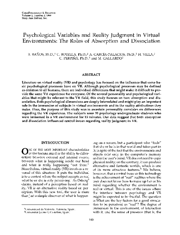 (PDF) Psychological Variables and Reality Judgment in Virtual Environments The Roles of
