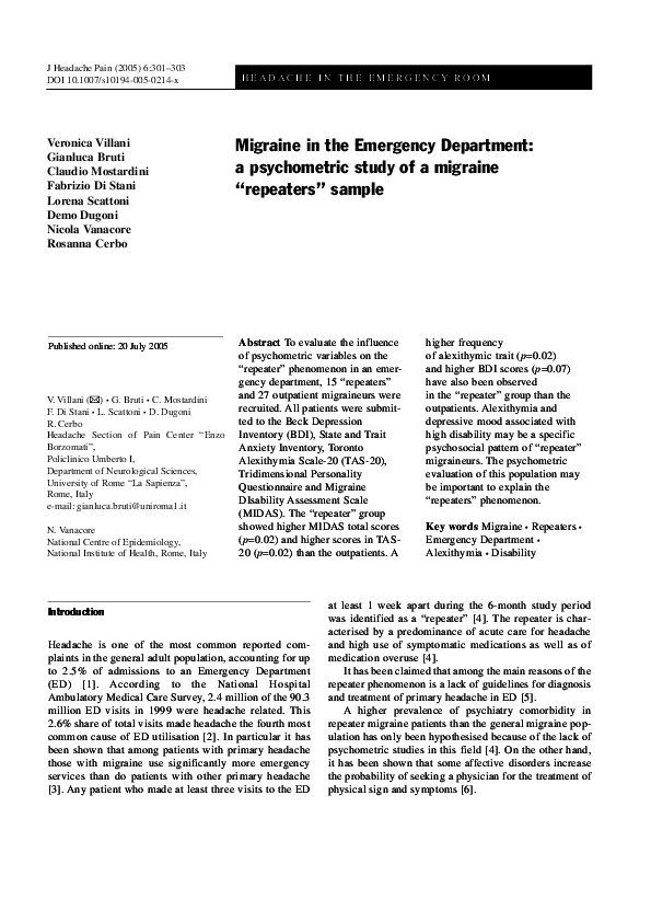 (PDF) Migraine in the emergency department: a psychometric study of a ...