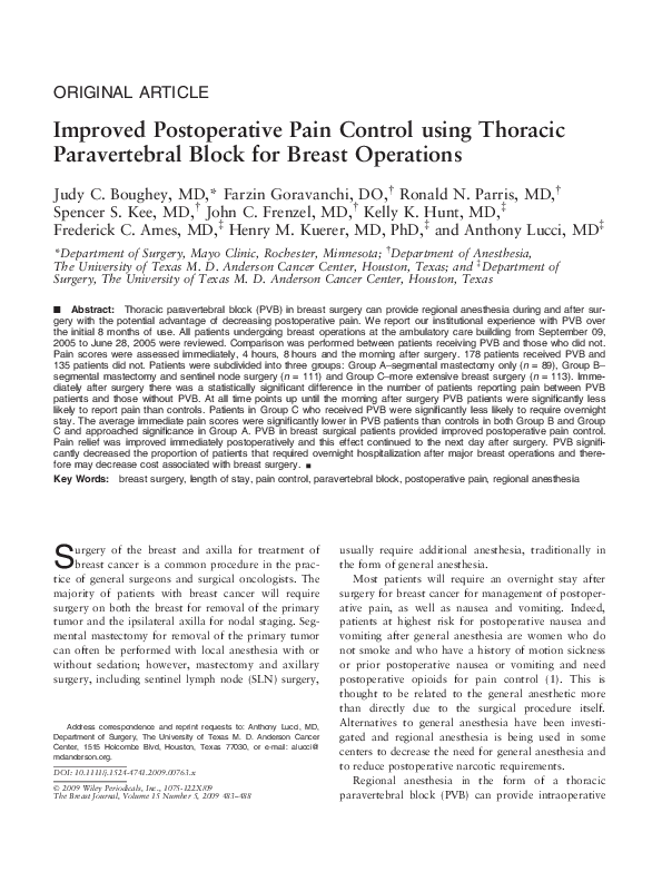 (PDF) Improved Postoperative Pain Control using Thoracic Paravertebral ...