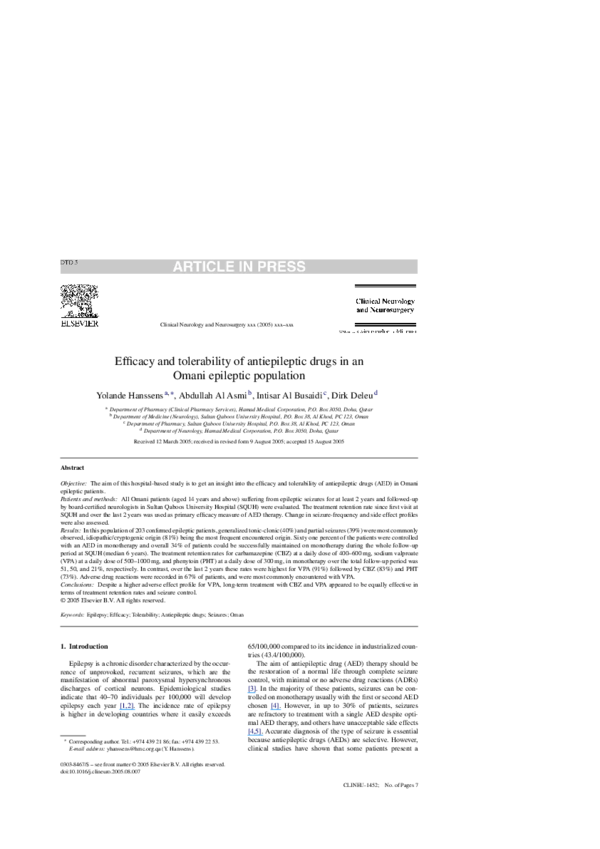 (PDF) Efficacy and tolerability of antiepileptic drugs in an Omani ...