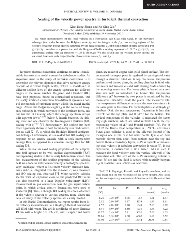(PDF) Scaling of the velocity power spectra in turbulent thermal convection