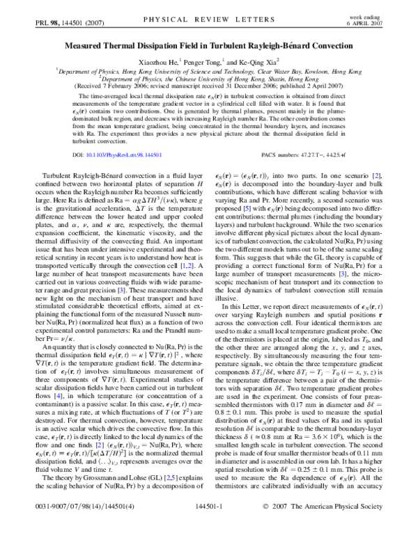 (PDF) Measured Thermal Dissipation Field in Turbulent Rayleigh-Bénard ...