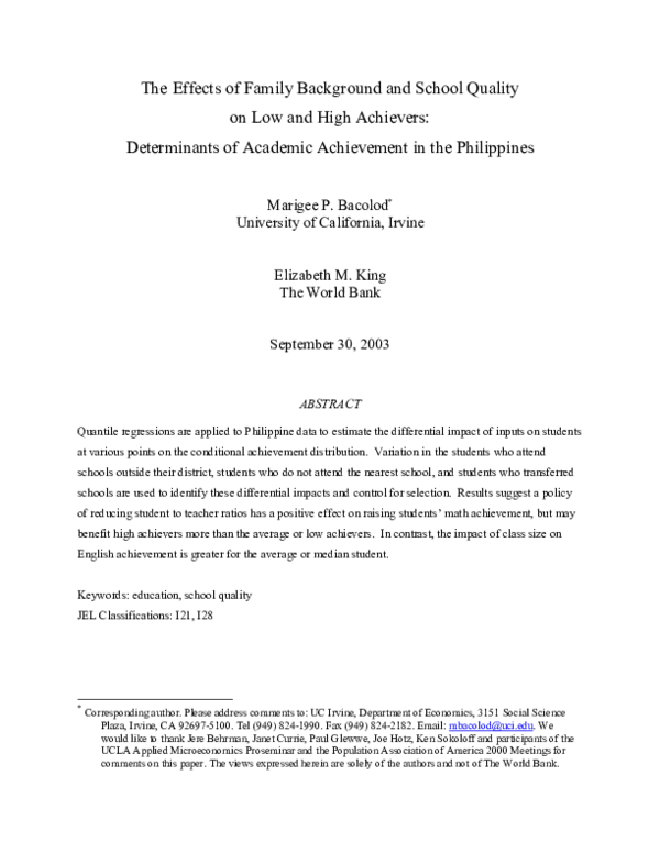 (PDF) The effects of family background and school quality on low and ...