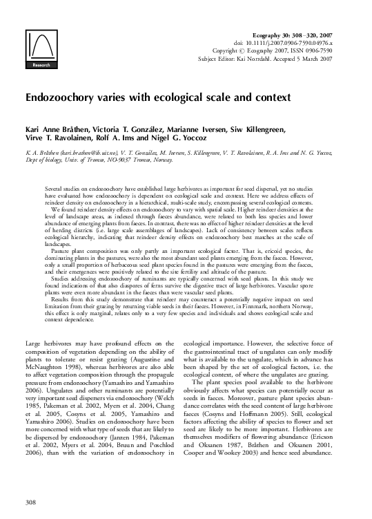 (PDF) Endozoochory varies with ecological scale and context Kari Anne