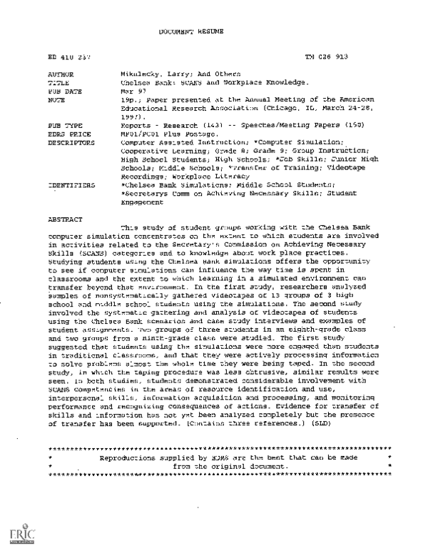 (PDF) Chelsea Bank Scans and Workplace Knowledge Larry Mikulecky