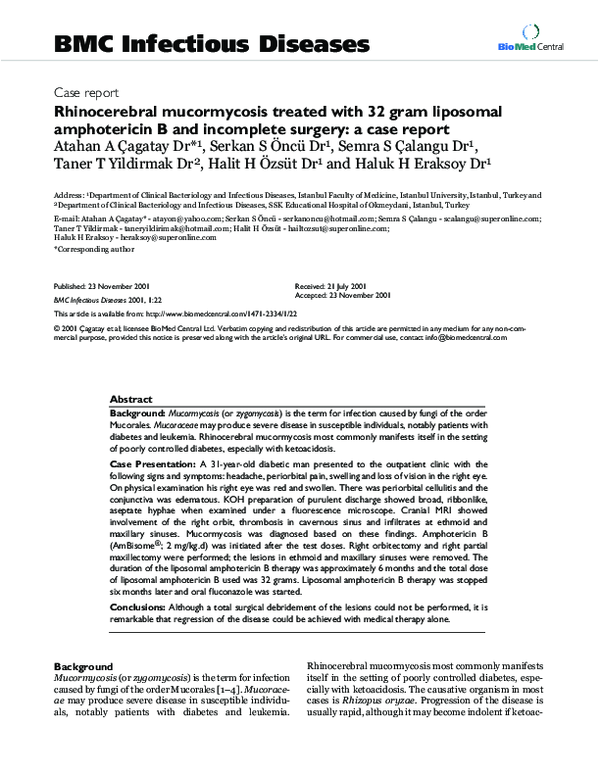(PDF) Rhinocerebral mucormycosis treated with 32 gram liposomal ...