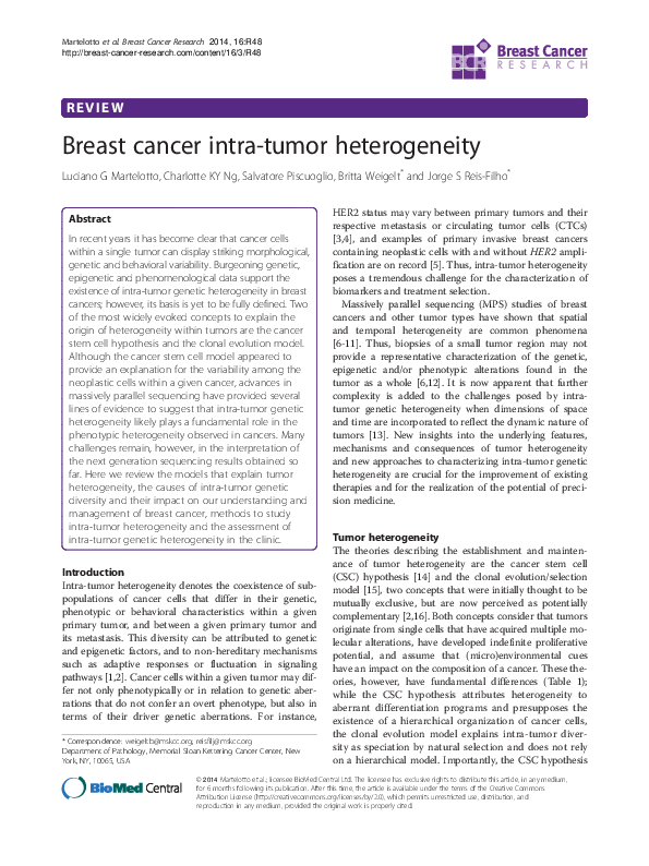 (PDF) Breast cancer intra-tumor heterogeneity