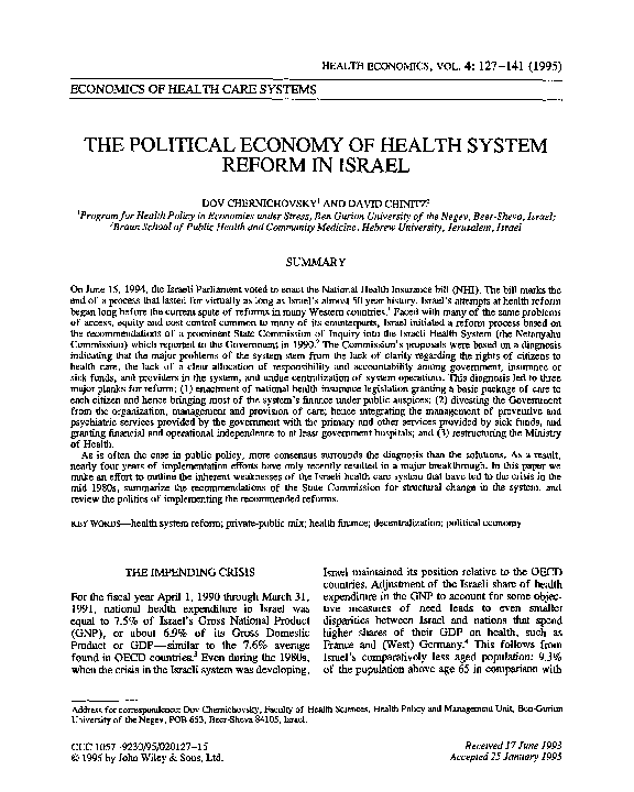 (PDF) The political economy of health system reform in Israel