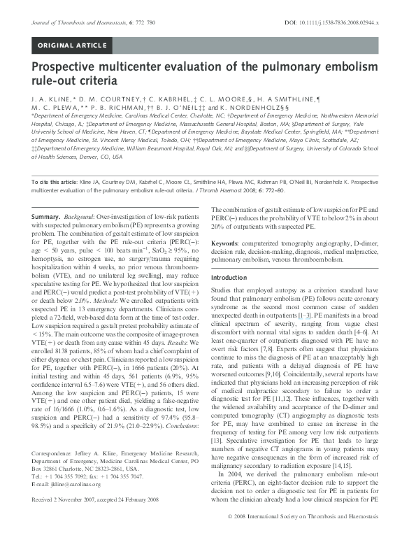 (PDF) Prospective multicenter evaluation of the pulmonary embolism rule