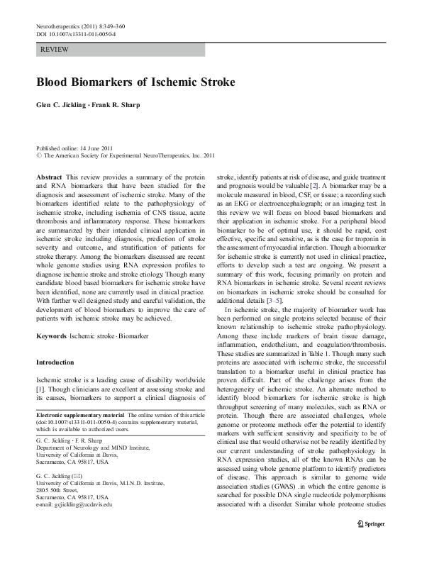 (PDF) Blood Biomarkers of Ischemic Stroke