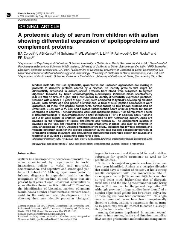 (PDF) A proteomic study of serum from children with autism showing ...