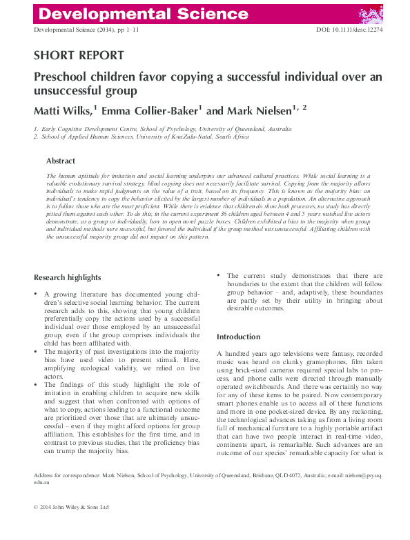 (PDF) Preschool children favor copying a successful individual over an ...
