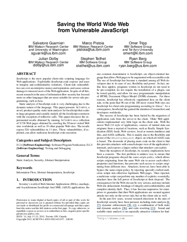 (PDF) Saving the world wide web from vulnerable JavaScript