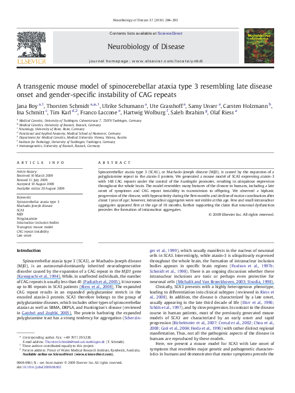 (PDF) A transgenic mouse model of spinocerebellar ataxia type 3 ...