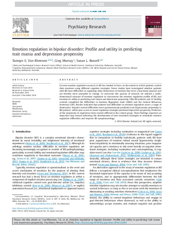 (PDF) Emotion regulation in bipolar disorder: profile and utility in ...