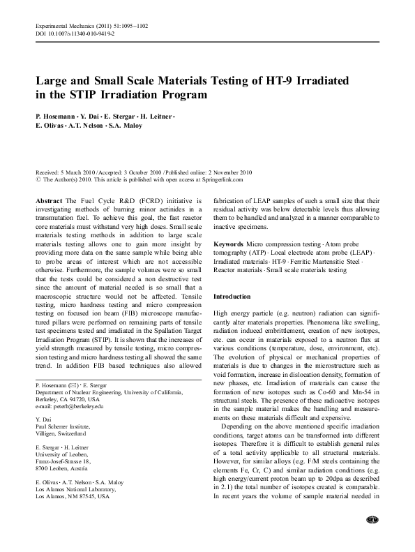 (PDF) Large and small scale materials testing of HT-9 irradiated in the ...