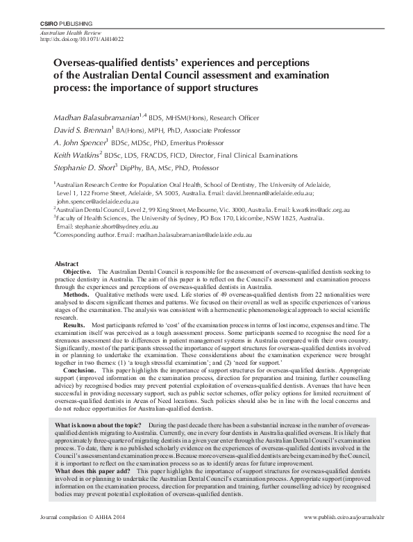 (PDF) Overseasqualified dentists' experiences and perceptions of the