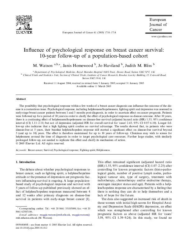 (PDF) Influence of psychological response on breast cancer survival: 10 ...