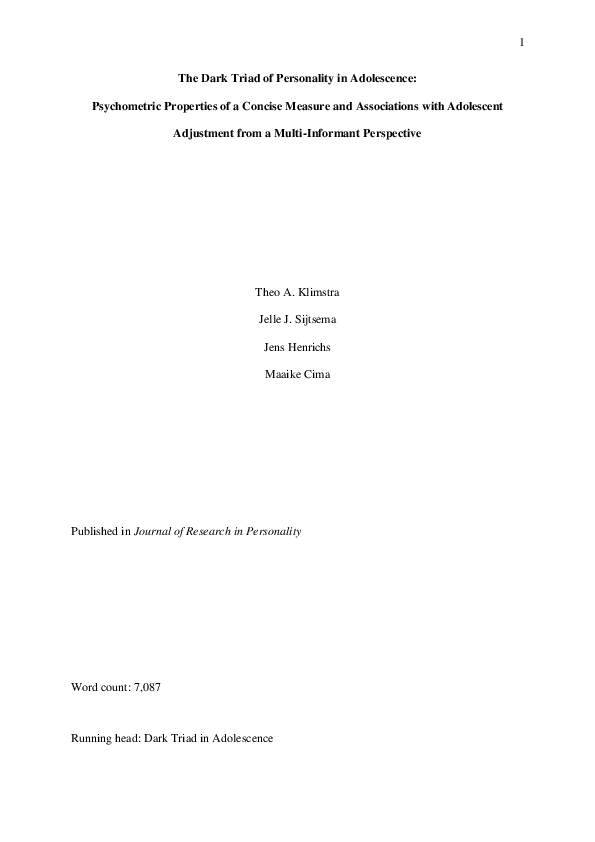 (PDF) The Dark Triad of personality in adolescence: Psychometric ...