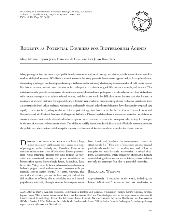 Rodents as Potential Couriers for Bioterrorism Agents