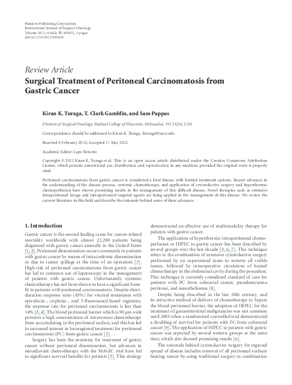 (PDF) Surgical treatment of peritoneal carcinomatosis from gastric cancer