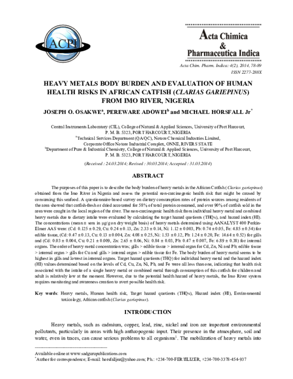 (PDF) HEAVY METALS BODY BURDEN AND EVALUATION OF HUMAN HEALTH RISKS IN