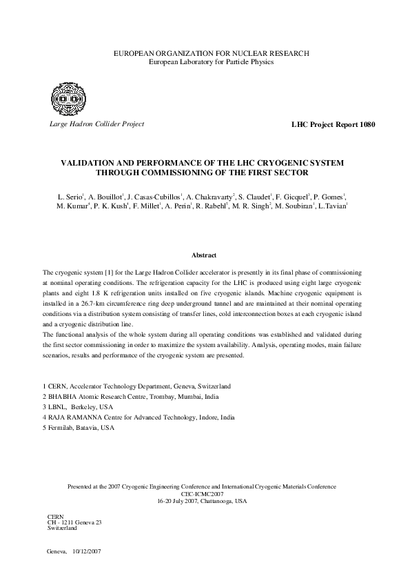 (PDF) Validation and Performance of the LHC Cryogenic System through ...