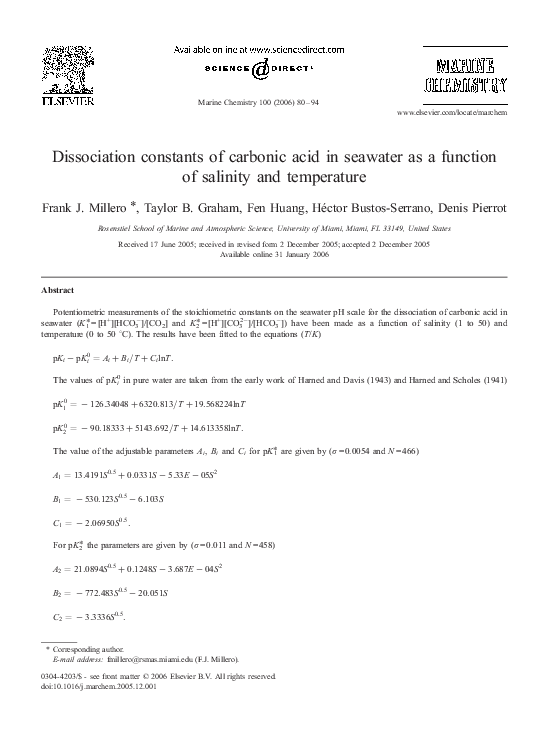 (PDF) Dissociation constants of carbonic acid in seawater as a function
