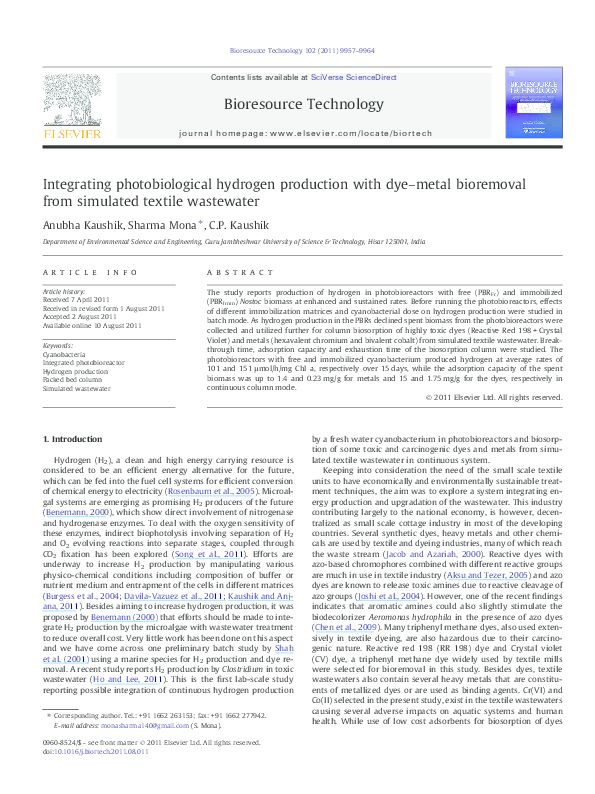 (PDF) Integrating photobiological hydrogen production with dye–metal ...