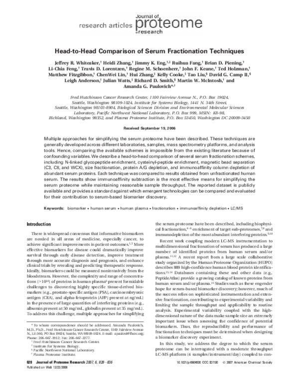 (PDF) HeadtoHead Comparison of Serum Fractionation Techniques Tao