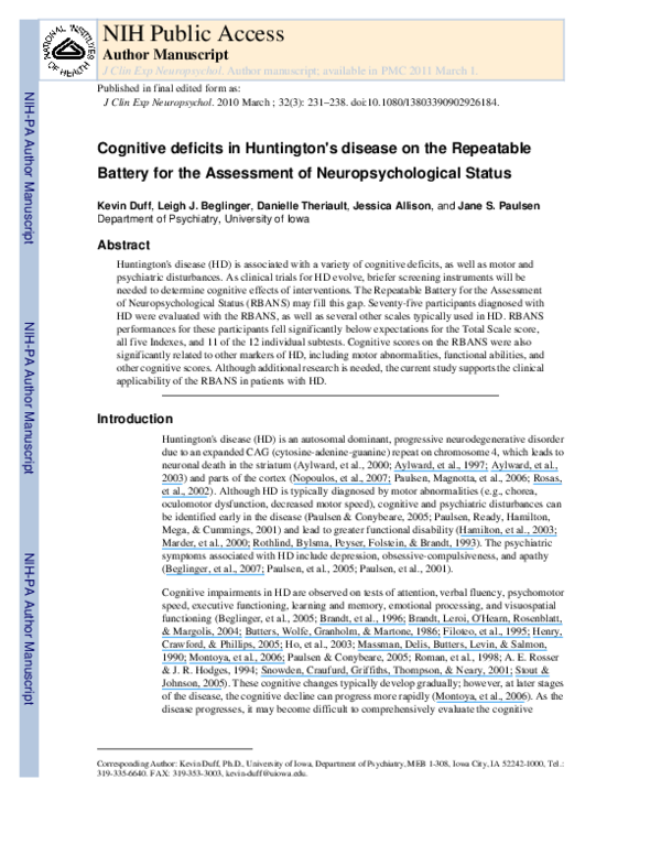 (PDF) Cognitive deficits in Huntington's disease on the Repeatable Battery for the Assessment of