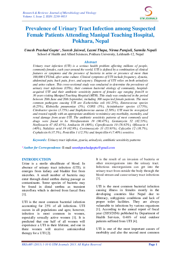 (PDF) Prevalence of Urinary Tract Infection among Suspected Female ...