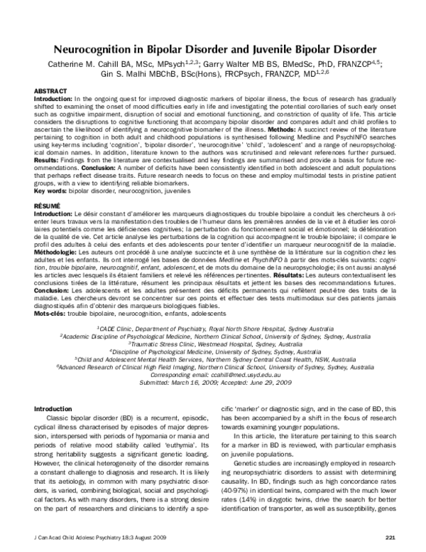 (PDF) Neurocognition in bipolar disorder and juvenile bipolar disorder