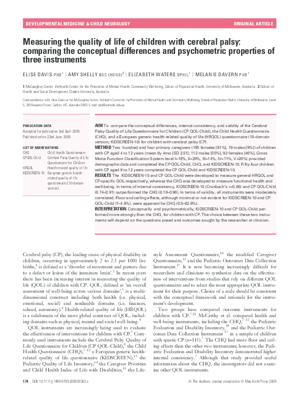 (PDF) Measuring the quality of life of children with cerebral palsy