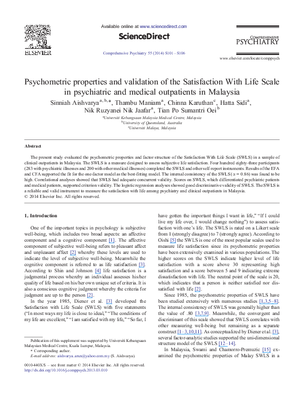 (PDF) Psychometric properties and validation of the Satisfaction With ...