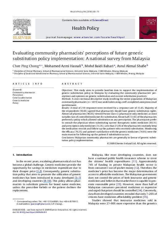 (PDF) Evaluating community pharmacists’ perceptions of future generic ...