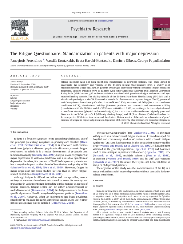 (PDF) The Fatigue Questionnaire: Standardization in patients with major ...