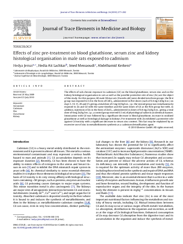 glutathione effects kidney PDF) Effects of zinc pre-treatment on blood glutathione, serum zinc and  kidney histological organisation in male rats exposed to cadmium