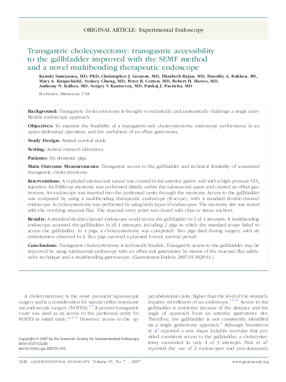(PDF) Transgastric cholecystectomy transgastric accessibility to the
