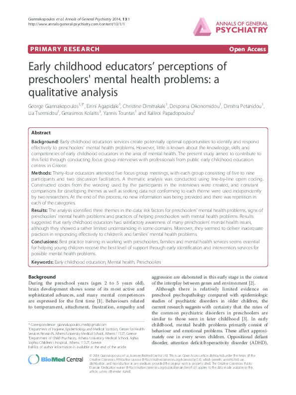 (PDF) Early childhood educators’ perceptions of preschoolers' mental ...