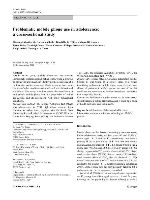 (PDF) Problematic mobile phone use in adolescence: a cross-sectional study
