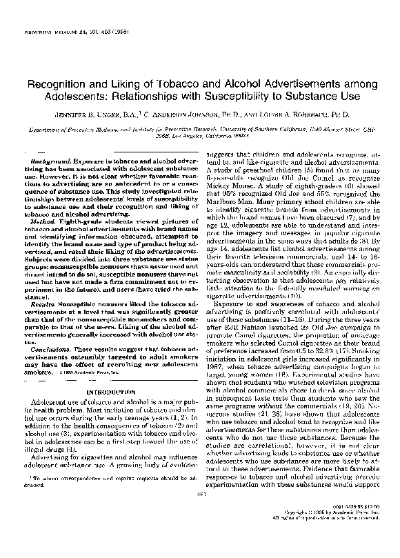 (PDF) Recognition and liking of tobacco and alcohol advertisements ...