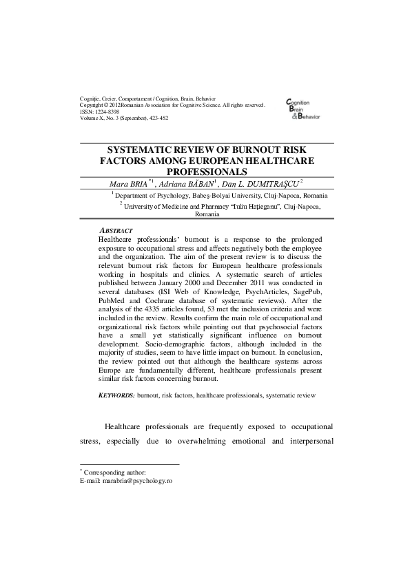 (PDF) Systematic Review of Burnout Risk Factors among European ...