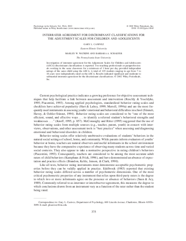 (PDF) Interrater agreement for discriminant classifications for the ...